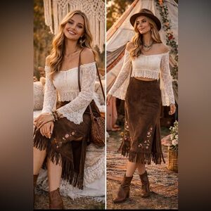 Vintage René Derhy Brown Fringe-Hem Embroidered Boho Western Midi Skirt Sz M